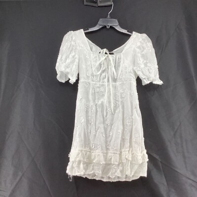 #ad YJR Coco Womens Boho Dress White Floral Embroidered Short Sleeve Peasant M New $24.99