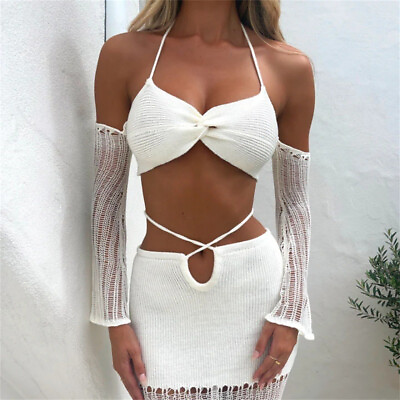 #ad Women Knitted Maxi Dress Sets Two Pieces Sexy Hollow Sling Tank and Dress GBP 23.09