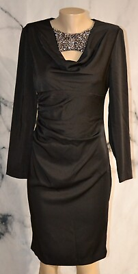 #ad DAVID MEISTER Black Cocktail Dress 6 Jeweled Neckline Draped Bust Long Sleeves $69.99