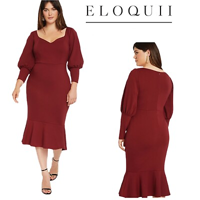 NEW Eloquii Women’s Flounce Hem Midi Dress in Burgundy Plus Size 14 $78.00