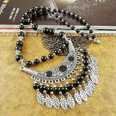 #ad Black Beaded Boho and Silver Leaf Necklace Bohemian Beads Metal Womens Gifts $24.00