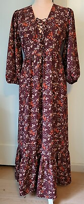 #ad LUSH women#x27;s S burgundy floral laceup 3 4 sleeves hippy peasant maxidress lined $20.00