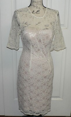 #ad Jax Women#x27;s Scoop Neck Elbow Sleeve Illusion Lace Cocktail Dress in Ivory Size 6 $47.40