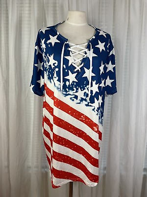 #ad US Stars Stripes Swimsuit Cover Up Plus Size 3XL Kimono Short Sleeve V Neck Tie $27.77