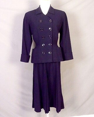 vintage 40s Lockharts Navy Blue Gabardine 2 Pc Peplum DB Suit Jacket amp; Skirt 6 8 $239.99