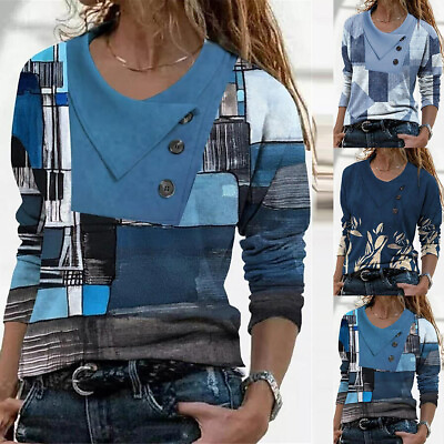 Womens Print Button Long Sleeve T Shirt Casual Loose Tunic Blouse Tops Pullover $20.89