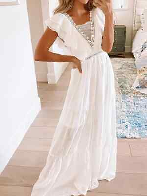 #ad Women Sleeveless High Waist V Neck Layered White Summer Beach Wedding Maxi Dress $35.95