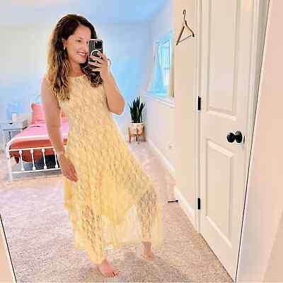 #ad Cream Yellow Floral Lace Sheer Maxi Dress Medium $40.00