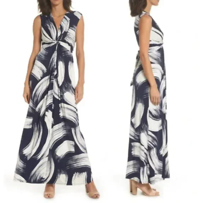 #ad Eliza J Brushstrokes maxi dress 16 navy blue white tie waist sleeveless stretch $42.49