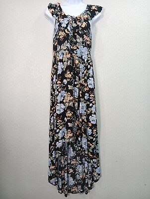 #ad AE American Eagle Black Floral Maxi Dress Small Ruched Tie Front Chiffon Pleated $18.88