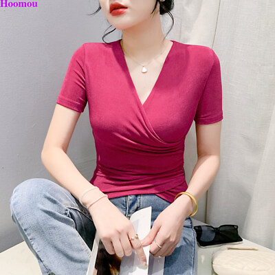 #ad Korean Women Slim Mesh Cross V neck Ruched Summer Casual Party Tops Shirt Blouse $6.24
