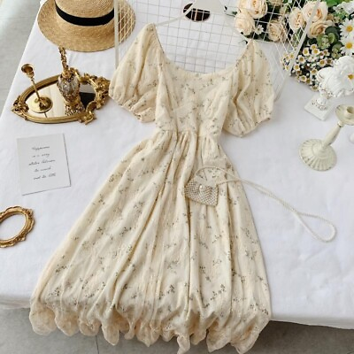 #ad Ladies Floral Tea Dress Puff Short Sleeve Mesh Ruffle Retro Lace Fashion Elegant $38.70