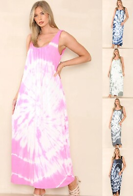 #ad Ladies Italian Lagenlook Tie Dye Long Maxi Dress Summer Jersey Beach Sundress GBP 24.95