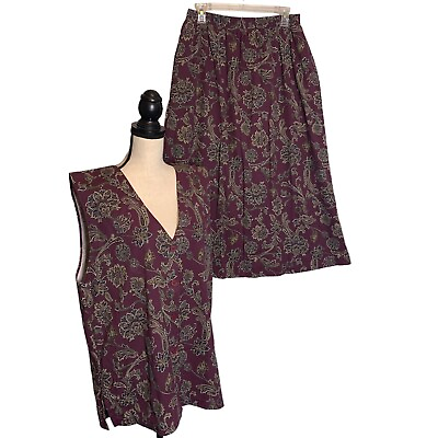 Ashley Skirt Set Womens Medium Vest amp; Skirt Burgundy Floral Print Career NEW $51.32
