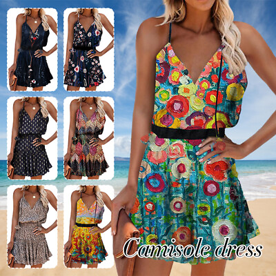 #ad Womens Boho Summer Beach Mini Dress Ladies Holiday Strappy Sexy Cami Sundress $14.09