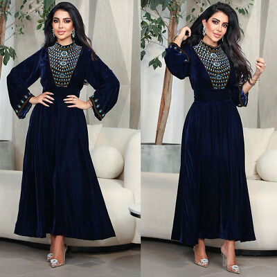 #ad Dubai Women Velvet Kaftan Muslim Long Sleeve Maxi Dress Abaya Ramadan Party Gown $46.02