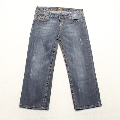 #ad #ad Malibu Women#x27;s Juniors Size 11 Blue Cropped Distressed Dark Stretch Denim Jeans $15.42