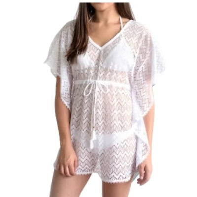 #ad Miken White Crochet Chevron Pom Pom Swim Bathing Suit Cover Up Womens Size Large $14.40