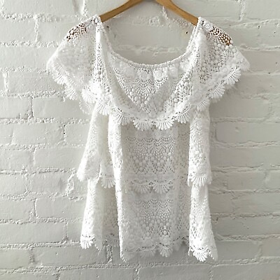 #ad White House Black Market Off Shoulder White Crochet Lace Boho Peasant Top Medium $23.89