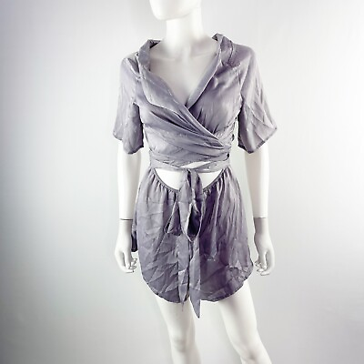 #ad NEW SABO Skirt GUNMETAL PLAYSUIT Satin Short Sleeve Wrap Tie Romper Size S $63.98