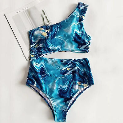 #ad One piece Bikini Bodycon Padded Waist Cut Out One piece Bikini Blue Printing $14.82