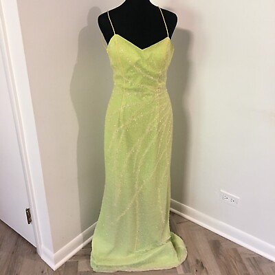 #ad MYSTIQUE Lemon Lime Green Beaded Long Prom Formal Maxi Dress Style 3535 Size 6 $80.00