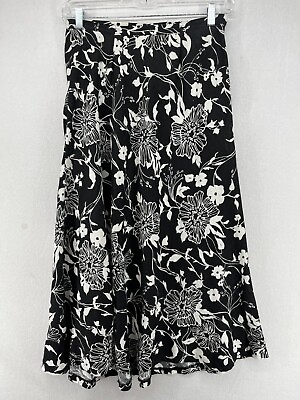 #ad KATE HILL Skirt 16W Linen Floral Maxi Boho Pull On Side Zip A Line Black $19.99