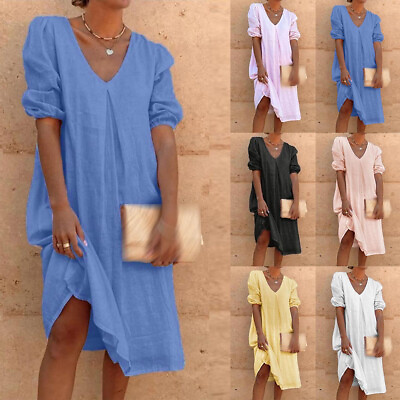 Women Cotton Linen Dress Ladies Loose Baggy Kaftan Mini Sun Dresses Plus Size US $17.00
