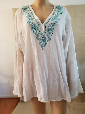 #ad Beach Cover Up Tunic. V Neck. Indian Cotton w Embroidery. Size S M $25.00