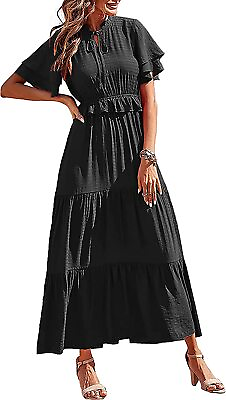#ad PRETTYGARDEN Womens Summer Boho Maxi Dress Short Sleeve V Neck Ruffle Trim High $70.07