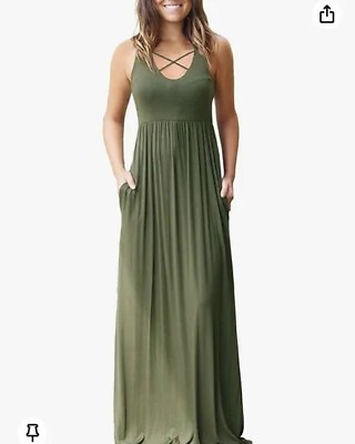 #ad Green Maxi dress Womens Medium Elastic Waist Pockets Sleeveless Beach Long Boho $21.99