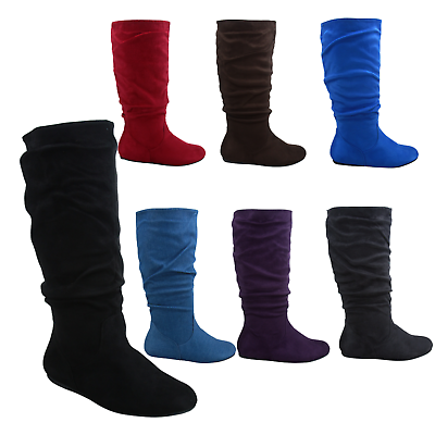 Women#x27;s Pull Up Flat Heel Wide Calf Mid Calf Casual Solid Color Boots Shoes NEW $32.39