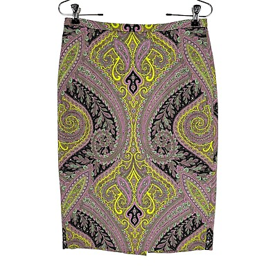 #ad J Crew Pencil Skirt Womens Size 4 Orchid Chartreuse Paisley Stretch Cotton NEW $22.99