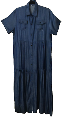 #ad Tiered Blue Maxi Dress Plus Sz 2XL Shiny Soft Chambray Cotton Blend Vacation D7 $18.59