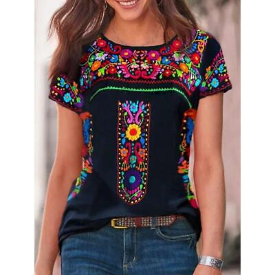#ad Womens BOHO Print Short Sleeve Tops T Shirt Ladies Summer Casual Loose Blouse US $12.99