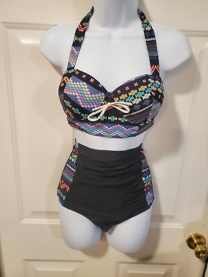 #ad Unbranded 2 Piece Swimsuit Size M Aztec Design Black High Waisted Bottems $21.99