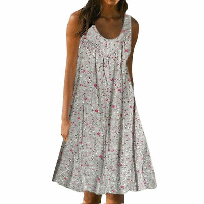 #ad Womens Floral Boho Sleeveless Midi Dress Summer Casual Beach Sundress Plus Size $16.10