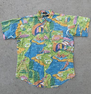 Vtg Polo Ralph Lauren Button Up Shirt Beach Camping Scene USA MADE Men’s Size XL $110.00