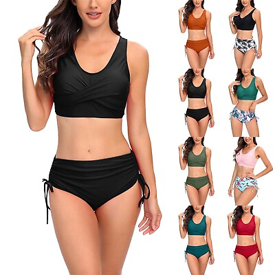 #ad Bikini Set Women Two Piece Swimsuit High Waisted V Neck Ruched Front Wide Straps $20.41