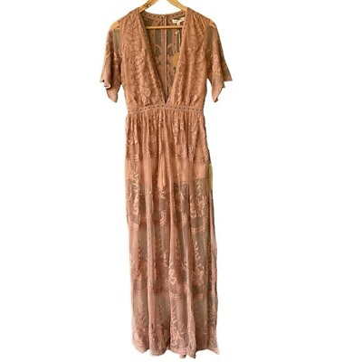 #ad HONEY PUNCH Maxi Dress Size Small Tan Beige Lace V Neck Half Sleeve New With Tag $35.95