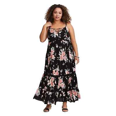 #ad Torrid Maxi Dress Plus Size 2X Black Floral Tassel Tiered Smocked Stretch Boho $34.99