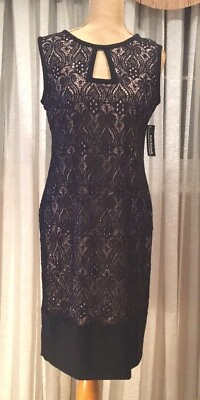 Ramp;M RICHARDS ELEGANT COCKTAIL DRESS BLACK LACE WITH TOUCH OF SEQUENCE ON TAUPE $59.00