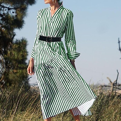 #ad Aline Summer Dresses for Women Womens Long Sleeved V Neck Mid Length Vertical $35.73