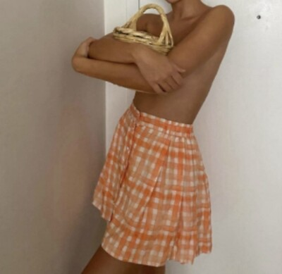 #ad #ad Urban Outfitters Pleated Orange White Gingham Print Mini Skirt Women’s Sz Medium $15.00