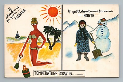 #ad Florida Sun Sand Beach Bikini North Snow Snowman Winter Comic Vintage Postcard $8.55