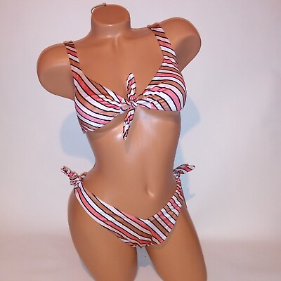 #ad Victoria Secret Swim Bikini Small Top Medium Bottom Orange Stripe Bralette Style $49.49
