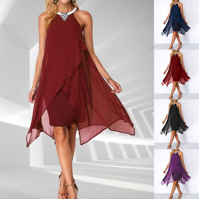 #ad Women#x27;s Sleeveless Halter Summer Sleeveless Dress Chiffon Cocktail Party Dresses $22.49