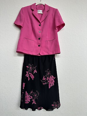 #ad Studio 1 Floral Pink Black Skirt Suit 2 Piece Layered Elastic Pleated Size 14W $30.60