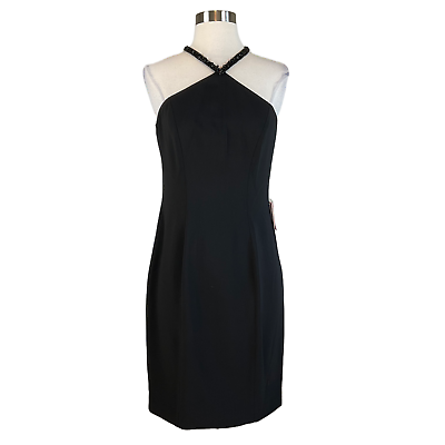 #ad Carmen Marc Valvo Women#x27;s Cocktail Dress Size 6 Black Crepe Beaded Halter Sheath $59.99