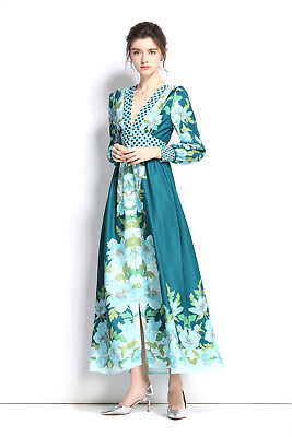 #ad Summer Women Floral Print V Neck Long Sleeve Casual Party Maxi Shirt Dress $31.47